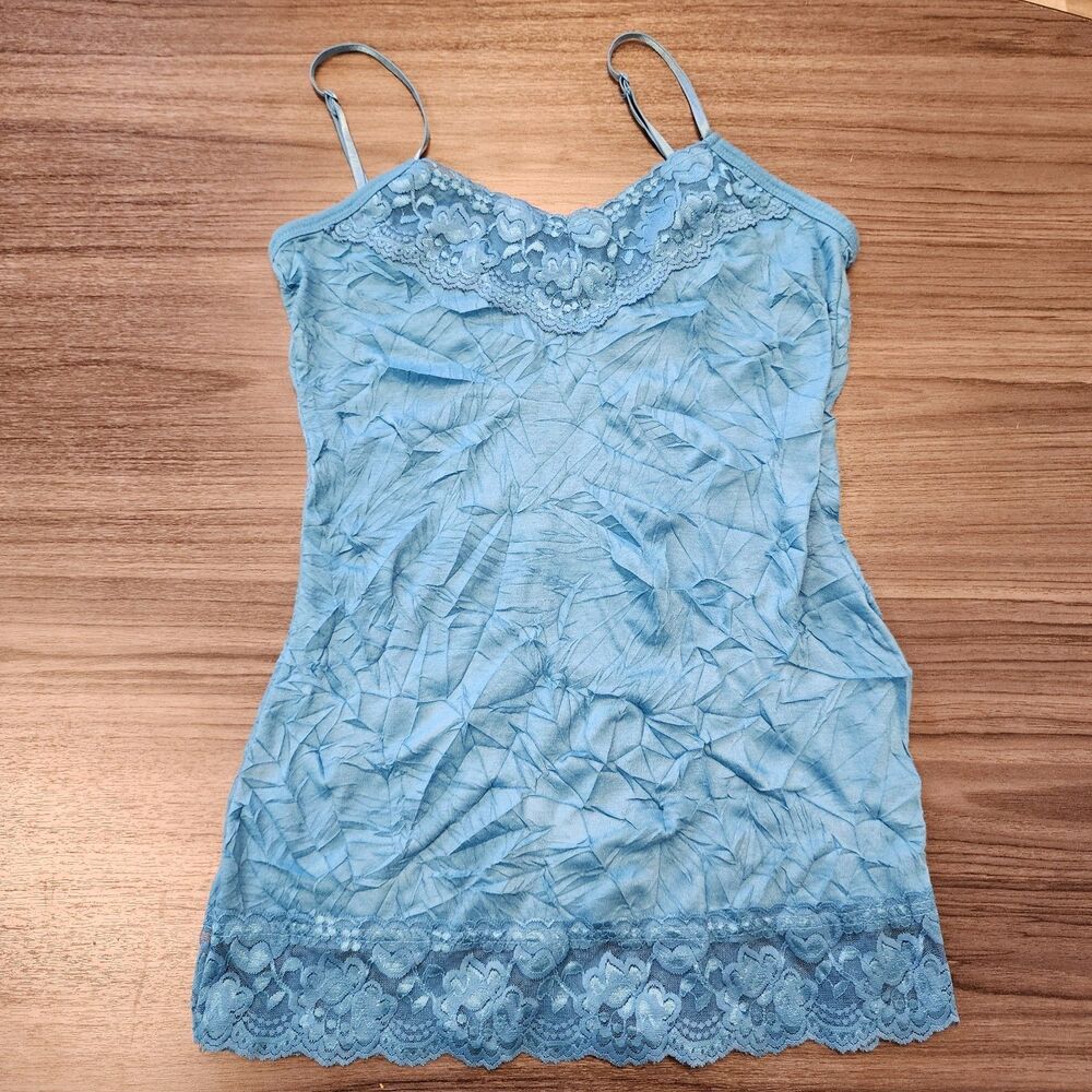 Maurices Turquoise Blue Womens Crinkle Lace Trim Cami Med Coquette 90s Y2K VTG